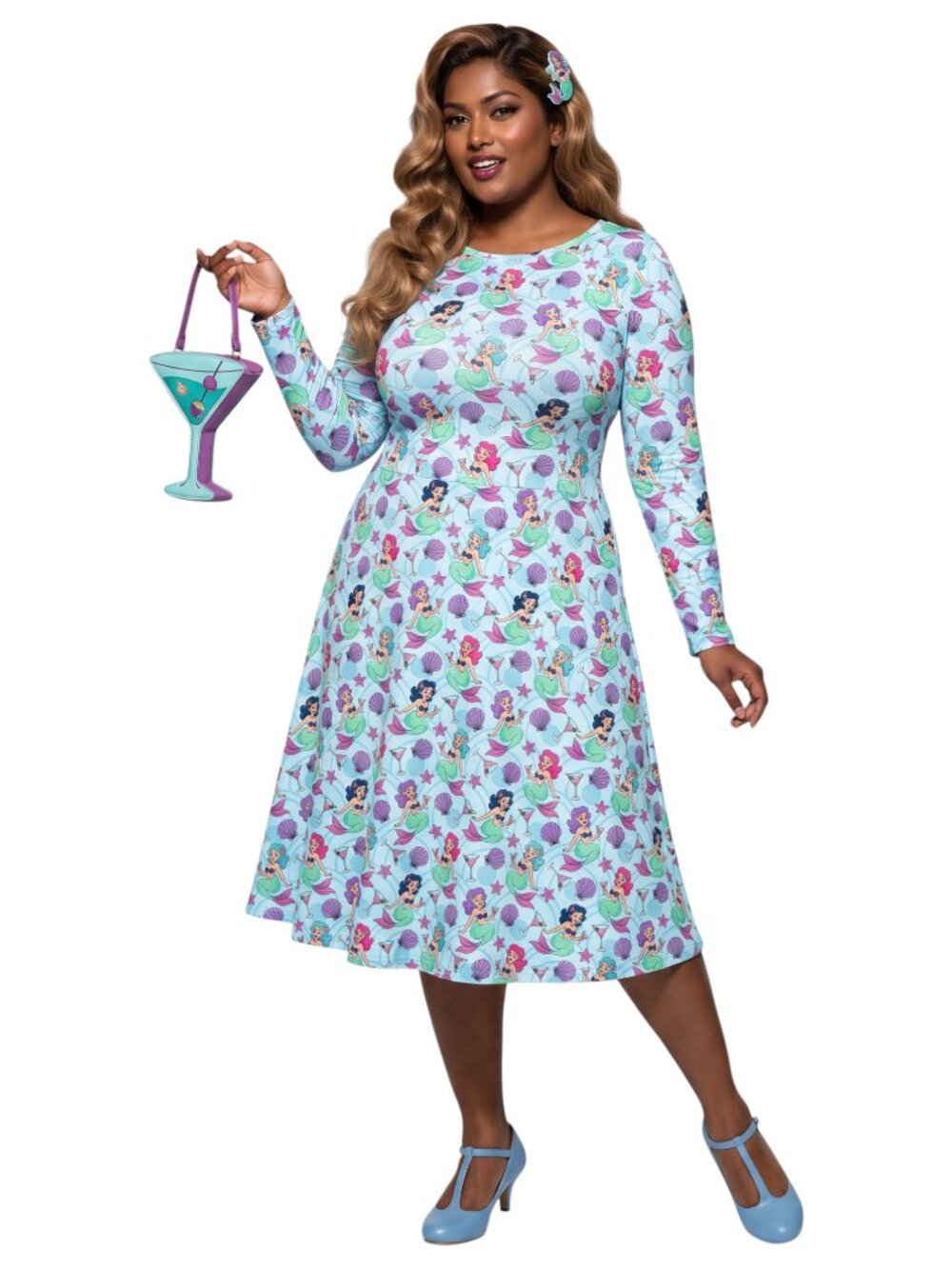 Plus Size Mermaid & Martinis Long Sleeve Pocket Dress XXS-6XL